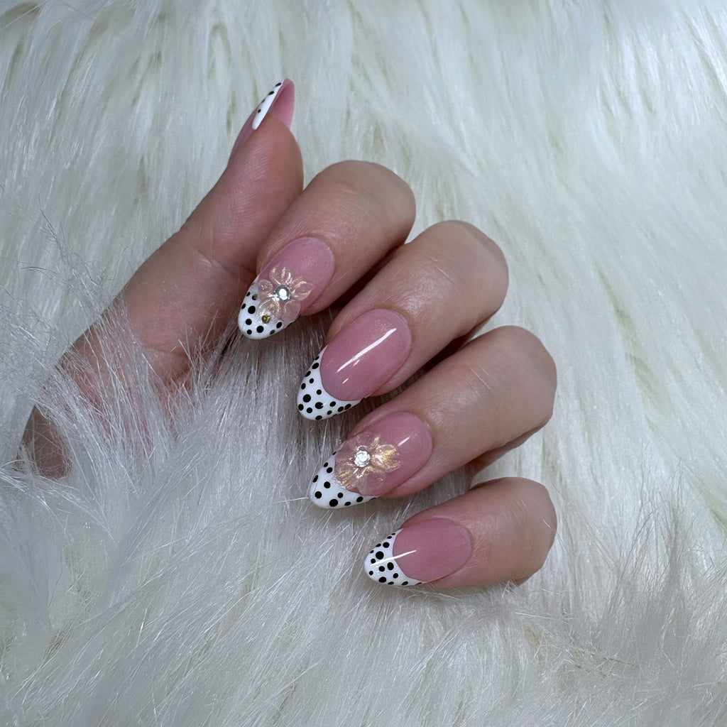 Retro Dot Elegance & 3D Blossom - Premium Press-On Nails